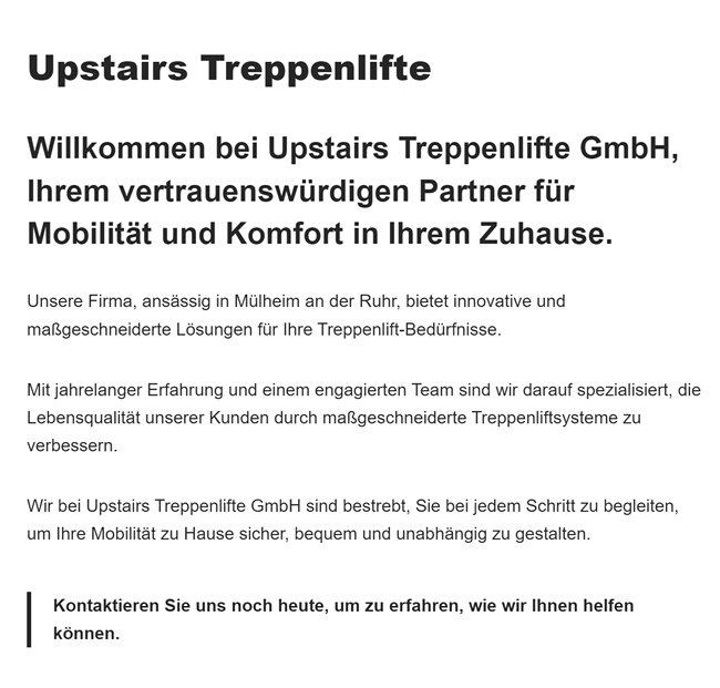 Treppenlifte in 45127 Essen, Bottrop, Mülheim (Ruhr), Oberhausen, Hattingen, Bochum, Heiligenhaus oder Gelsenkirchen, Gladbeck, Velbert